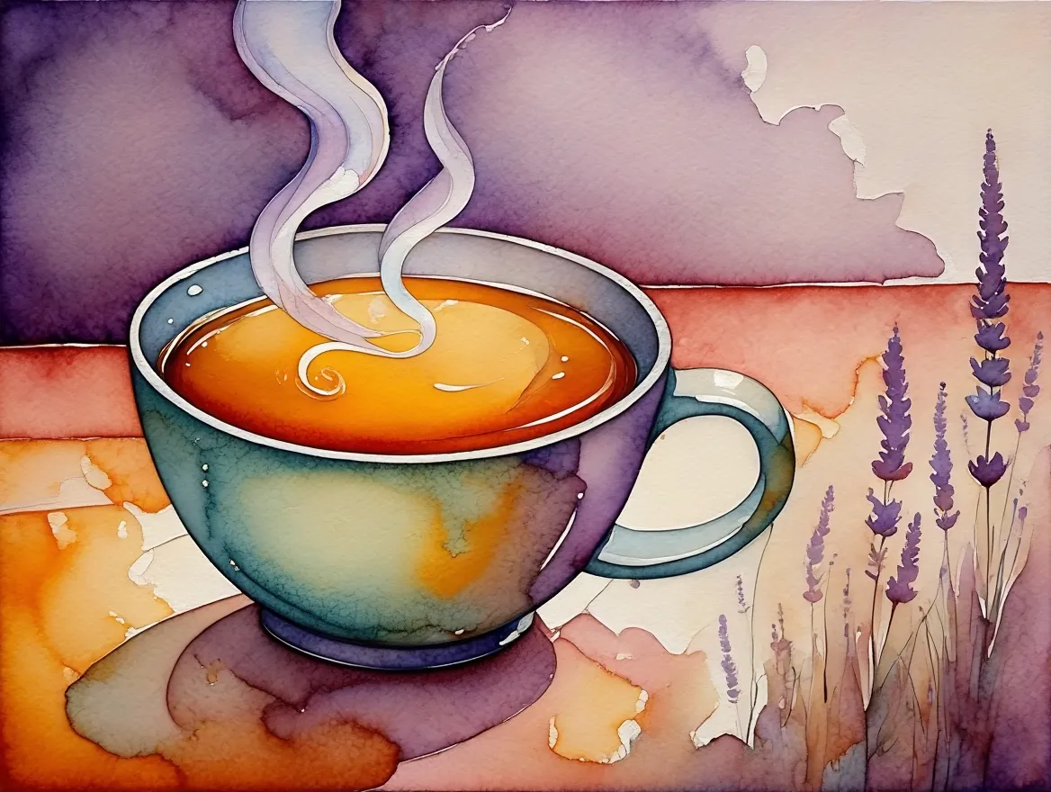 Abstract illustration of a warm herbal tea with soft steam rising in a calm evening setting